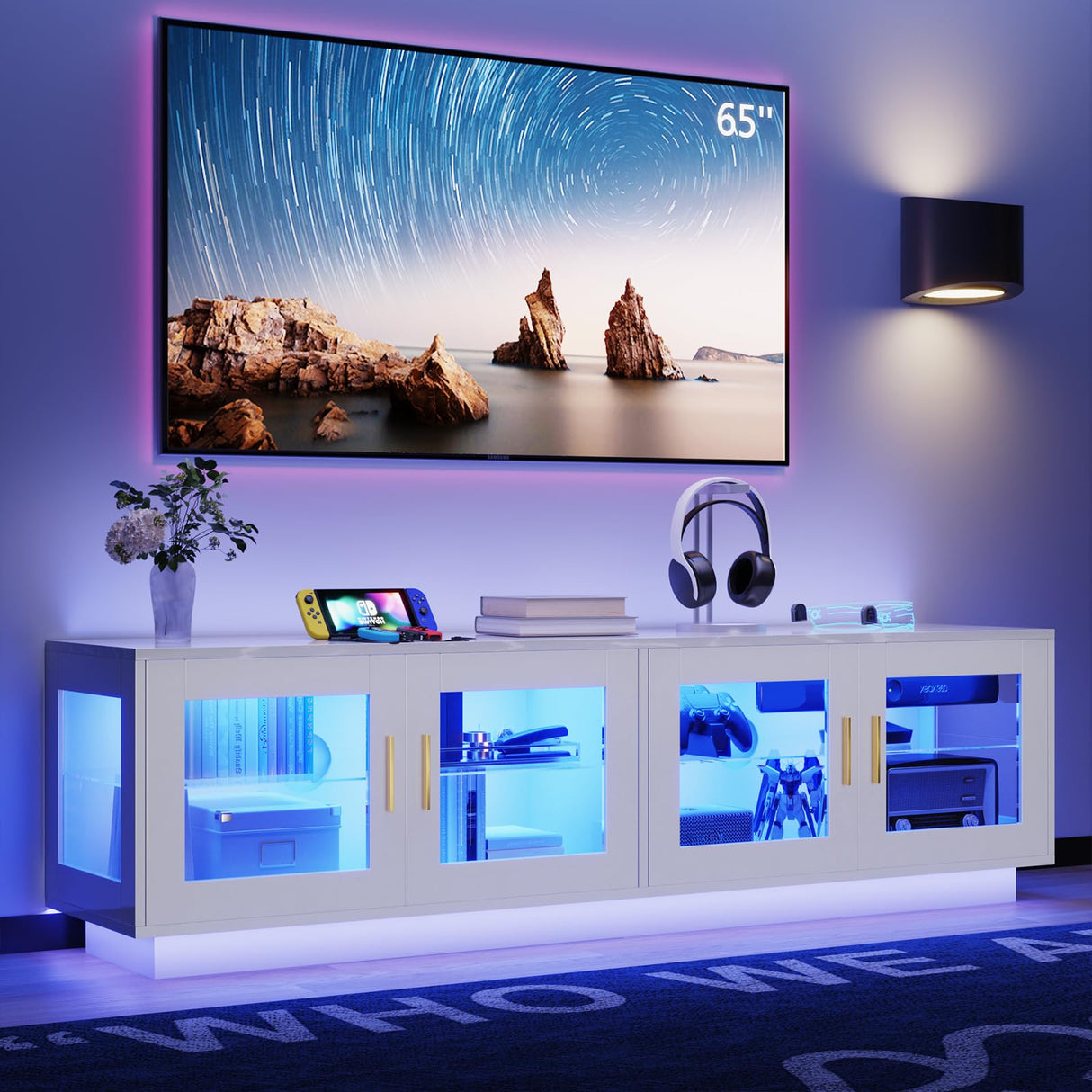 71 Inch TV Stand Modern Entertainment Center with LED Light, Glass Doors and Adjustable Storage Shelves Media Console TV Cabinet for Living Room Bedroom-White wonline