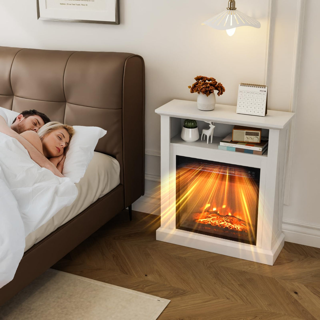 Bonnlo 30''H Freestanding Electric Fireplace Stove Space Heater with Realistic Flame, White Wood Mantel, Remote Control for Home Room Indoor, 1400W Bonnlo