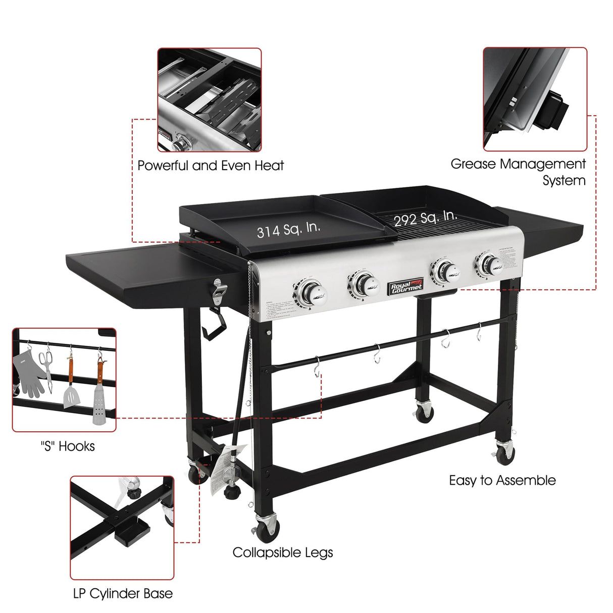 Royal Gourmet GD401 Portable Propane Gas Grill and Griddle Combo with Side Table | 4-Burner, Folding Legs,Versatile, Outdoor | Black 66 Inch Royal Gourmet