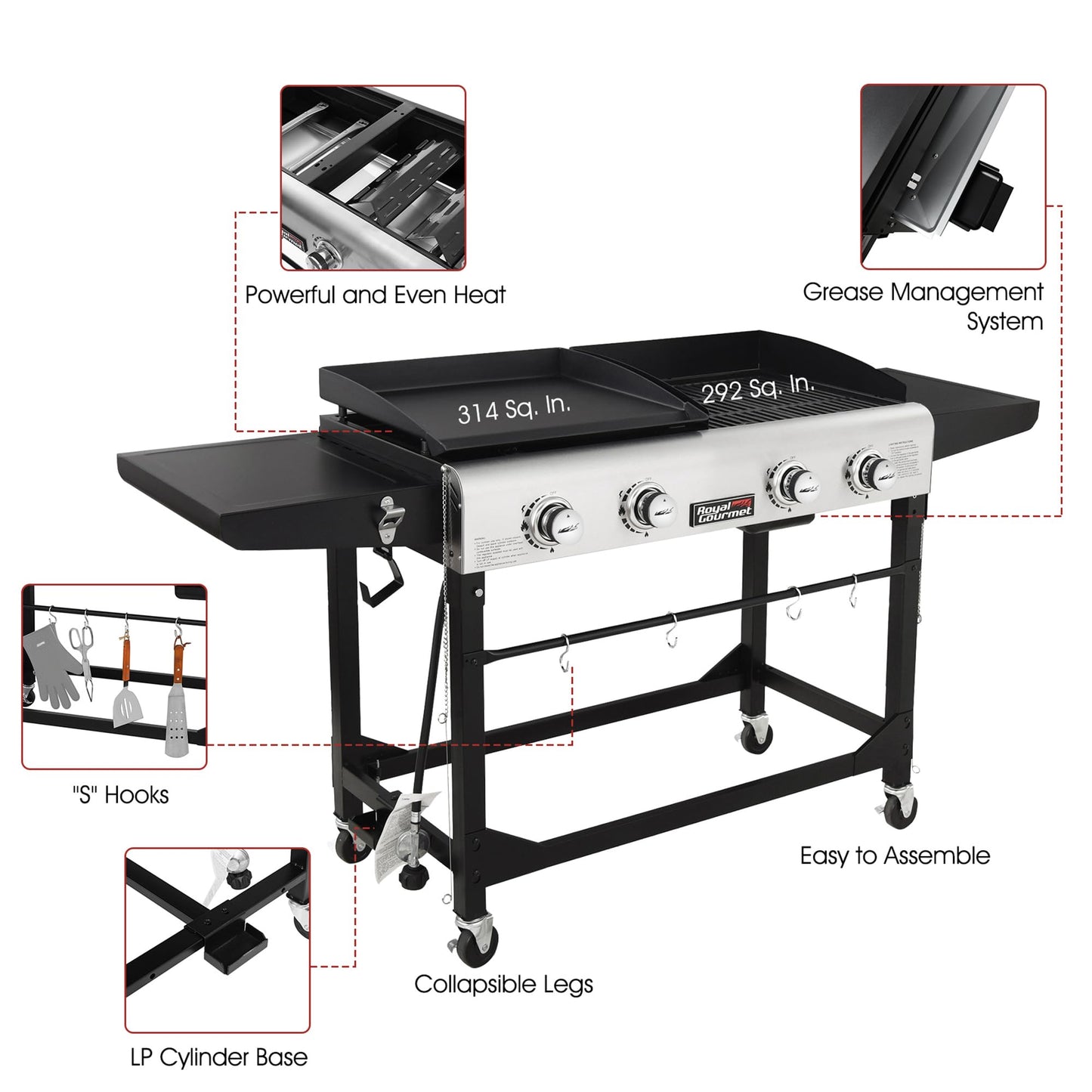 Royal Gourmet GD401 Portable Propane Gas Grill and Griddle Combo with Side Table | 4-Burner, Folding Legs,Versatile, Outdoor | Black 66 Inch