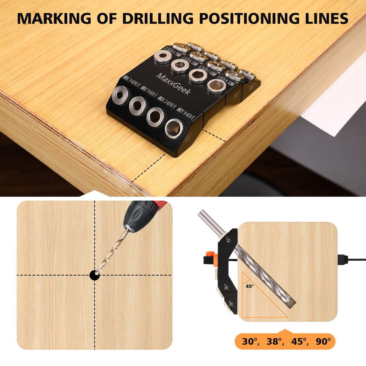 MaxxGeek Drill Guide for 30 38 45 90 Degree Angled and Straight Holes, Added 38 Degree Portable Drill Guide for Deck Stair Handrail and Horizontal Cable Wood Post （Without Drill Bit） MaxxGeek