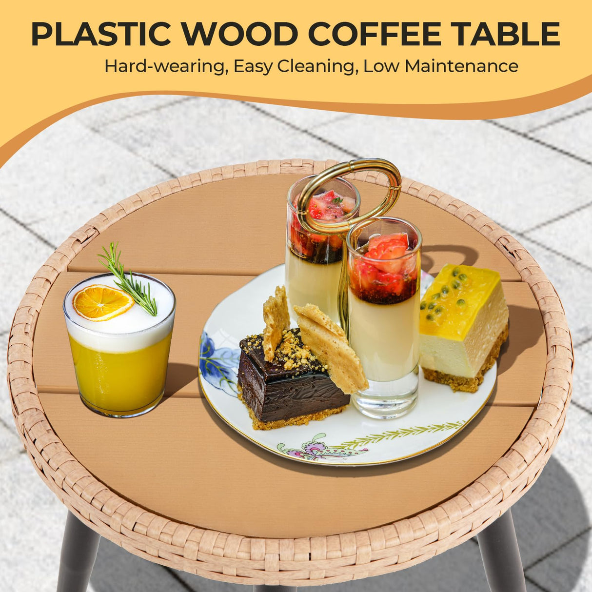 PORWEY 5 Piece Patio Bistro Set with Ottoman, Outdoor Wicker Apartment Balcony Furniture Sets, Rattan Table and Chairs Set of 2 for Porch Backyard Deck, Yellow,Beige PORWEY