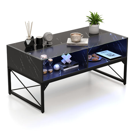 Tangkula LED Coffee Table, High Glossy Center Table with 4 Storage Cubes, Faux Marble & Tempered Glass Top, Adjustable Light Colors, Remote Control, Modern Cocktail Table for Living Room (Black) Tangkula