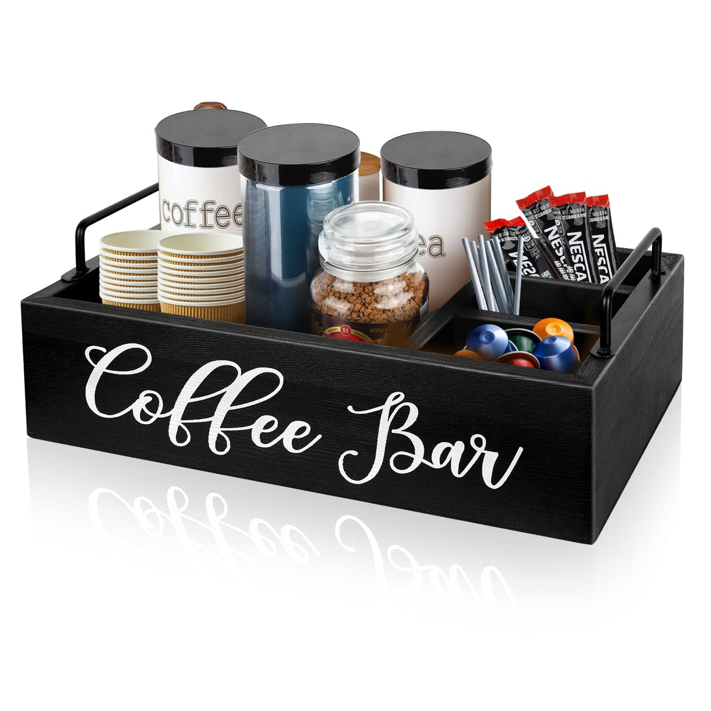 Coffee Station Organizer Wooden Coffee Bar Organizer for Countertop, Coffee Bar Accessories Organizer Farmhouse Kcup Coffee Pod Holder Storage Basket with Handle - Black