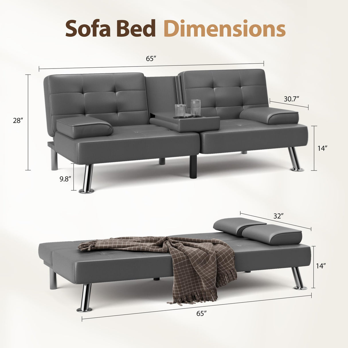 Shahoo Convertible Folding Futon Sofa Bed Sleeper Couch for Living Room Faux Leather Upholstered Loveseat w/Removable Armrests, Metal Legs, 2 Cup Holders, Gray Shahoo