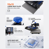 VEVOR 5 in 1 Heat Press Machine, Heat Transfer Machine with 30 oz Tumbler Press, 15 x 15 inch, 360° Swing Away T-Shirt Pressing, Fast Even Heating, for T-Shirts/Mugs/Plates/Hats, Black+Blue VEVOR