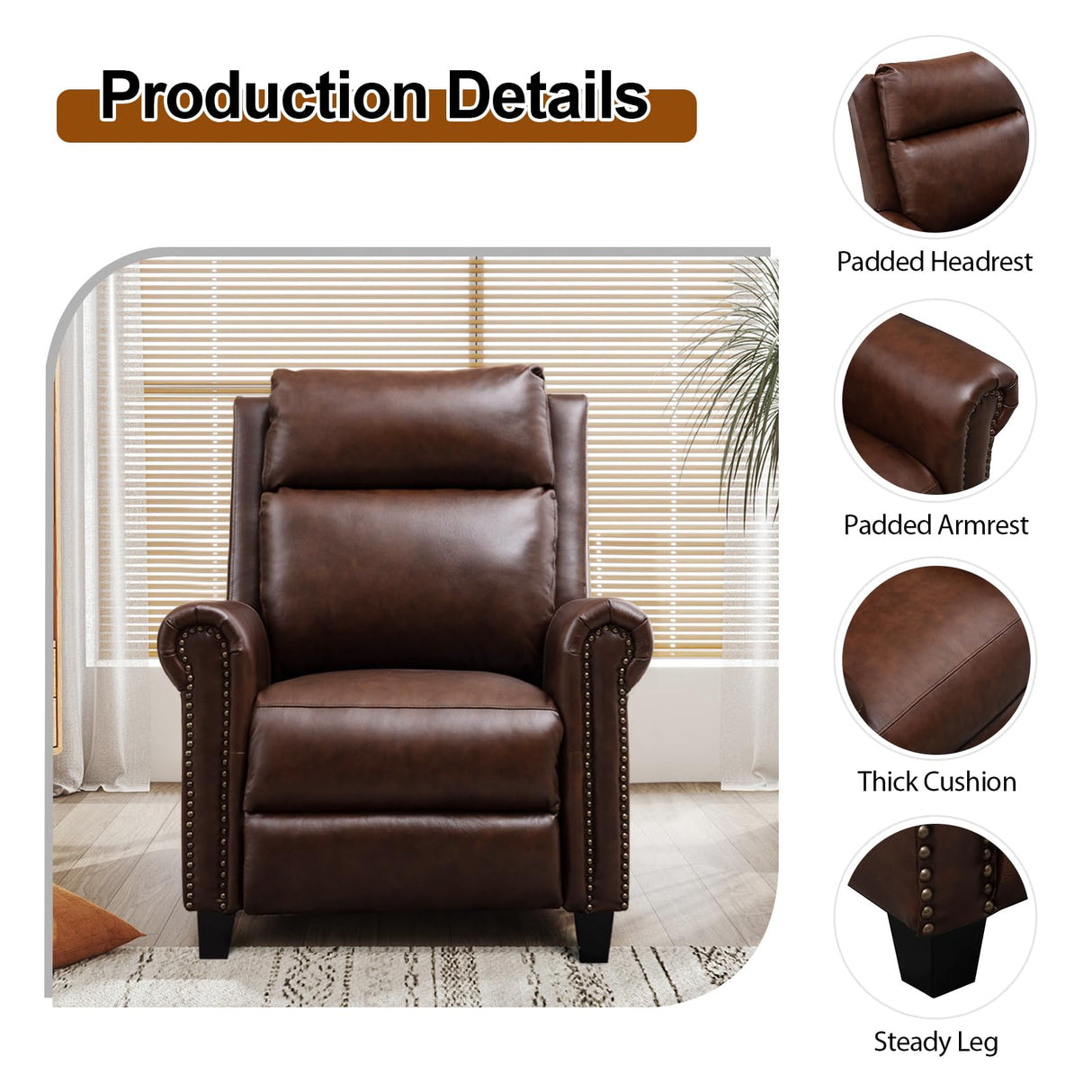 CANMOV Leather Recliner Chair Set of 2, Classic and Traditional Push Back Recliner Chair with Comfortable Arms and Back for Living Room Bedroom Adjustable Single Sofa, Brown CANMOV