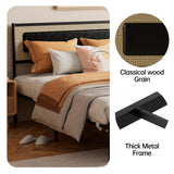 RESLLOWE Rattan Style Bed Frame Full Size Metal Platform Frame with Soft Leather Sponge Wrapping Headboard, Solid and Stable, Noise Free, Suitable for Bedroom RESLLOWE