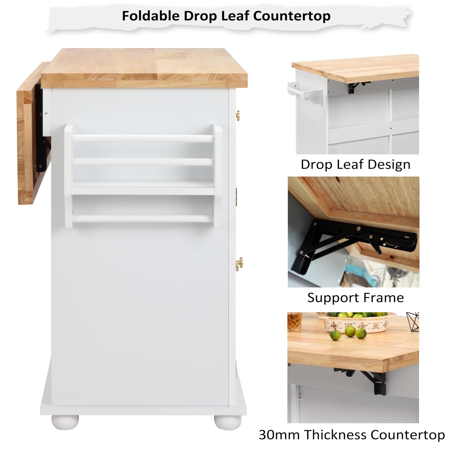 Finnhomy Rolling Kitchen Island With Drop Leaf, Thicken Rubberwood Top, Spice Rack, Towel Rack, Drawer, 43.3" Portable Mobile Kitchen Island Carts Table, Storage Cabinet, Both Wheels and Feet Included