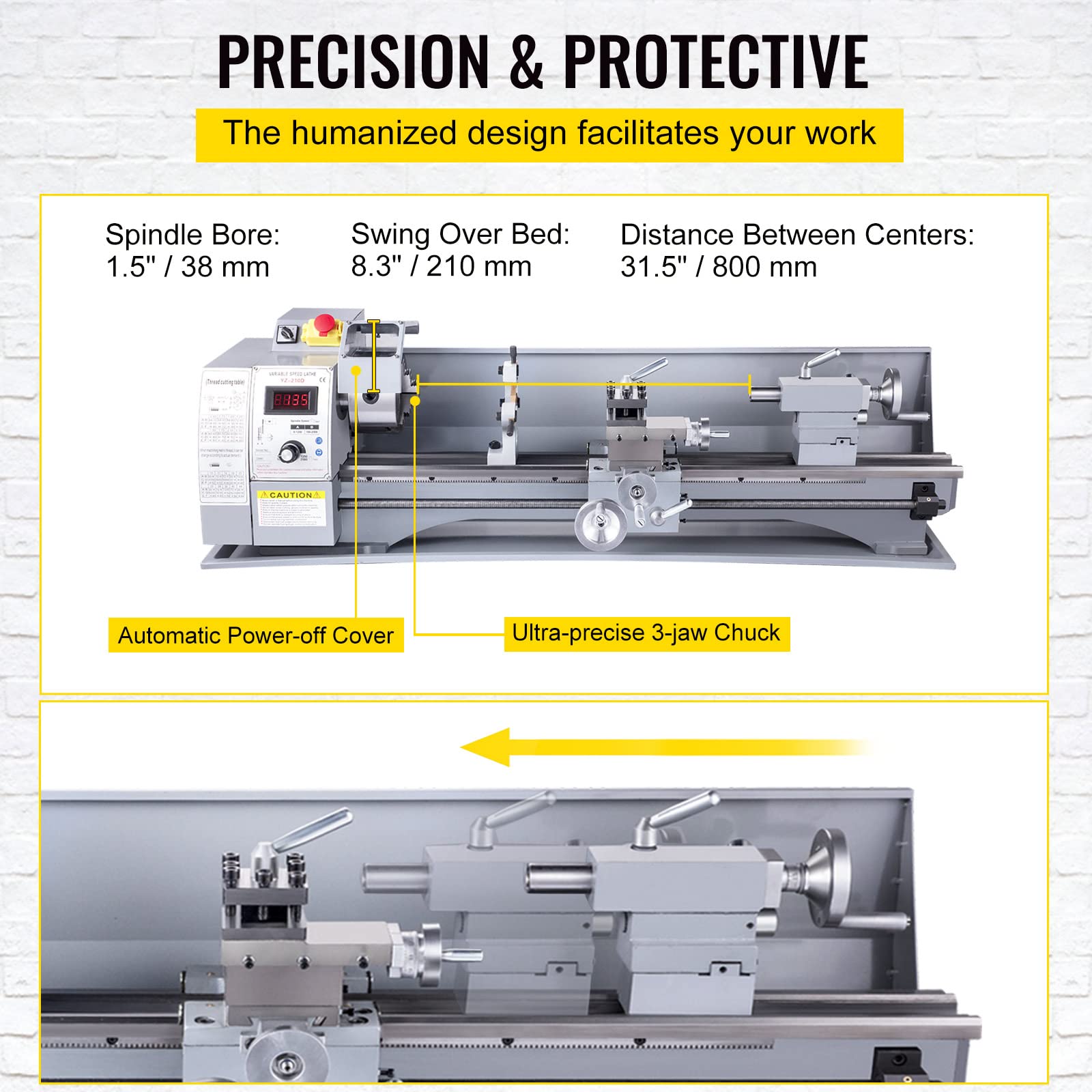 VEVOR Metal Lathe, 210x800 Mini Lathe Machine, 2500 RPM Variable Speed Change, 850W Precision Mini Lathe, Metal Working Lathe with Brushless Motor, Milling Machine for Various Metal Turning - WoodArtSupply