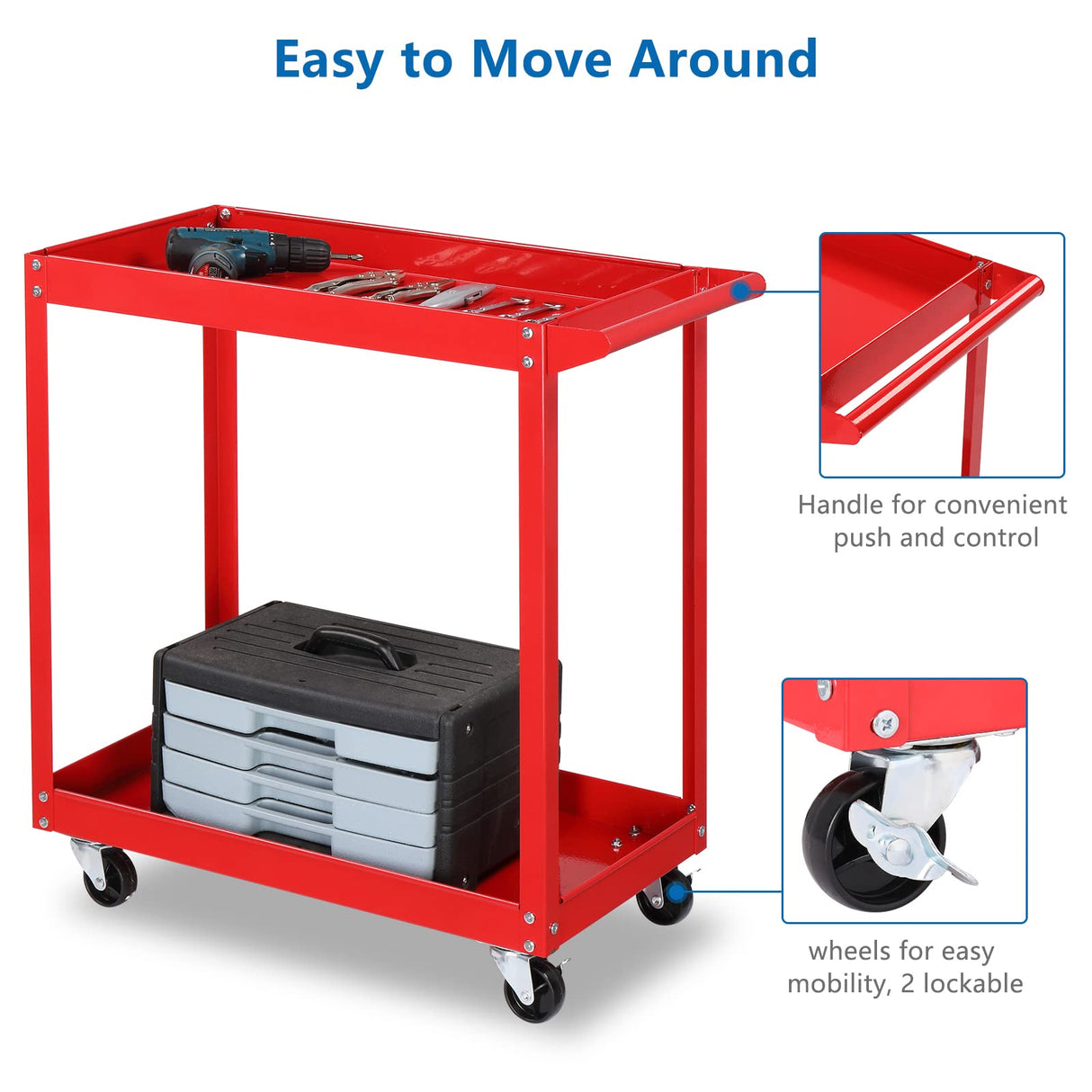 TUFFIOM 2 Tier Rolling Tool Cart, 220 LBS Capacity Industrial Service Cart w/Wheels, 2 Shelf Steel Utility Cart, Tool Storage Organizer for Mechanic, Garage, Workshop, Warehouse & Repair Shop, Red TUFFIOM