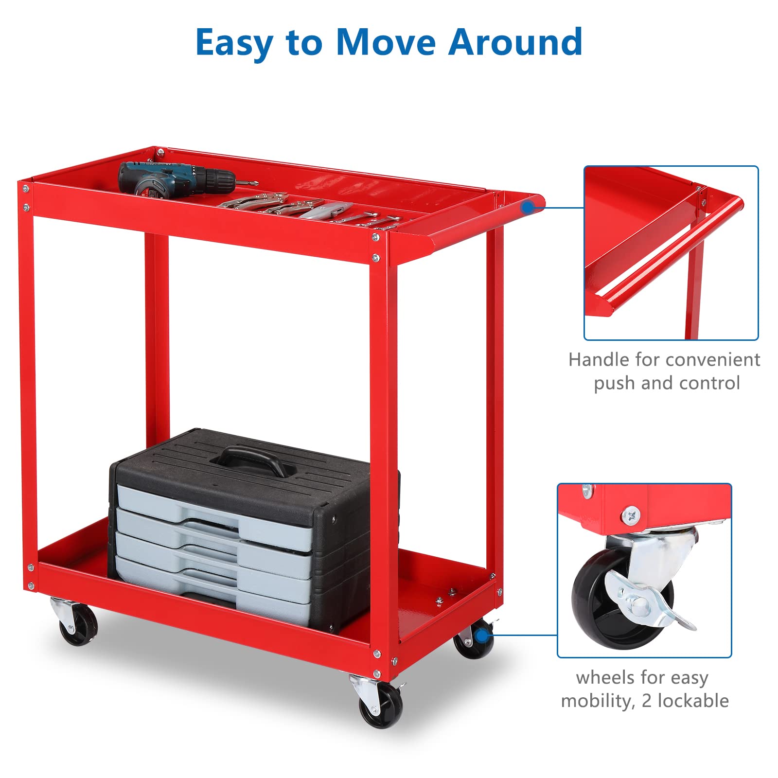 TUFFIOM 2 Tier Rolling Tool Cart, 220 LBS Capacity Industrial Service Cart w/Wheels, 2 Shelf Steel Utility Cart, Tool Storage Organizer for Mechanic, Garage, Workshop, Warehouse & Repair Shop - WoodArtSupply