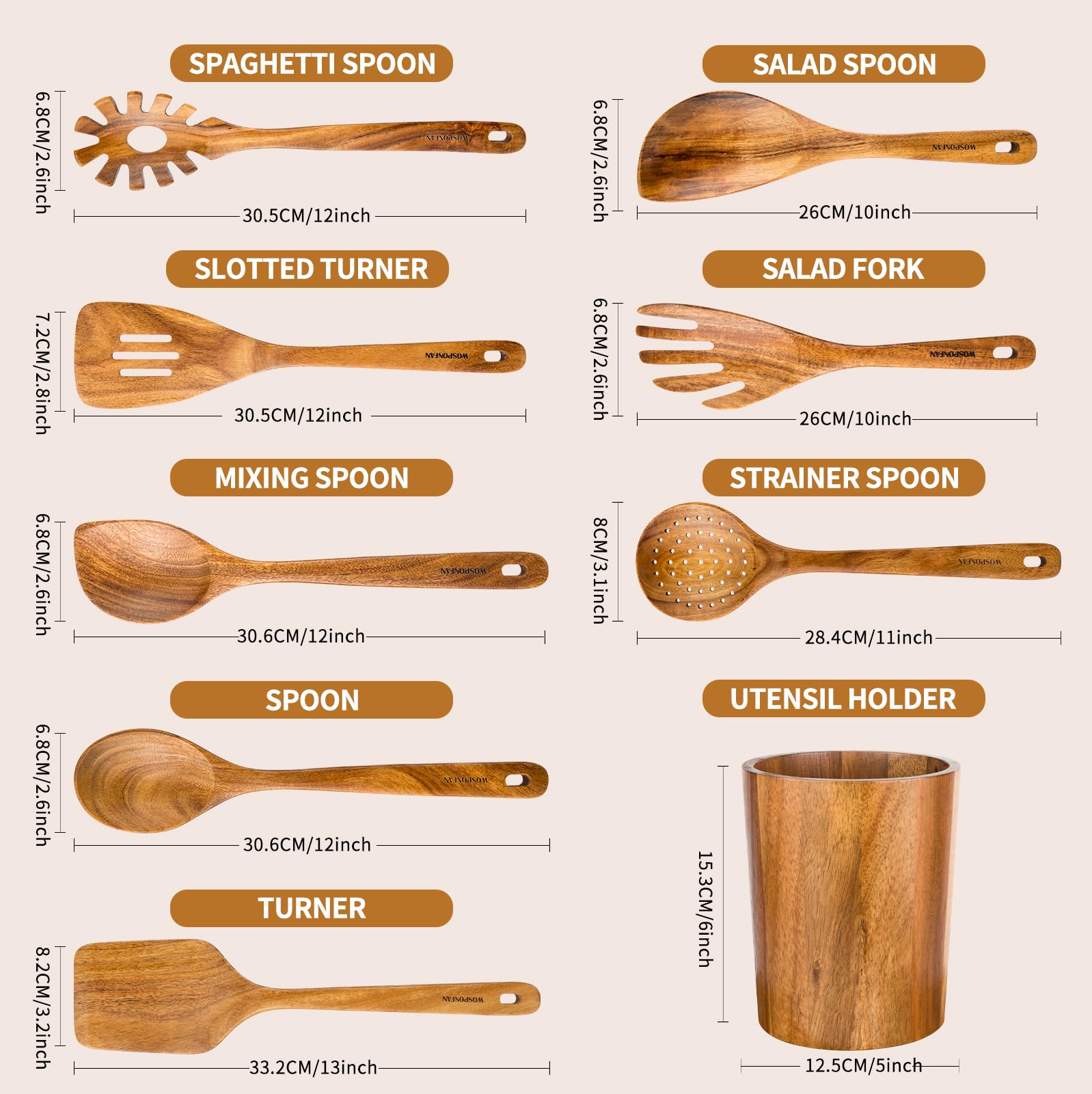 WOSPONFAN 9 PCS Kitchen Utensils Set - Wooden Spoons for Cooking, Natural Teak Wooden Utensils - Includes Wooden Spoons, Spatula Set, Slotted Spoon - - WoodArtSupply