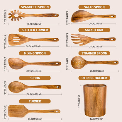 WOSPONFAN 9 PCS Kitchen Utensils Set - Wooden Spoons for Cooking, Natural Teak Wooden Utensils - Includes Wooden Spoons, Spatula Set, Slotted Spoon - - WoodArtSupply