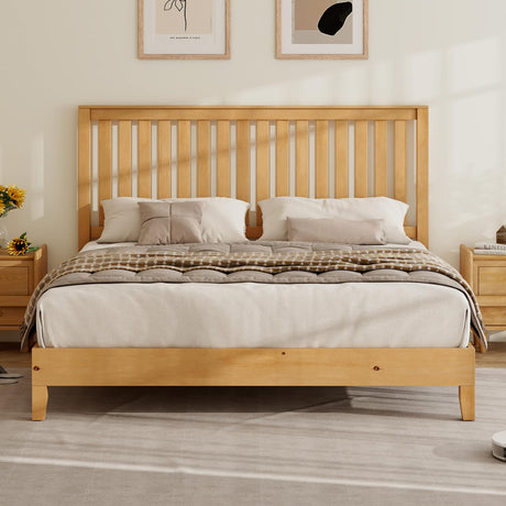 LUXOAK Solid Wood Bed with Headboard, Queen Size Platform Bed Frame with Solid Wood Foundation, Slat Support/No Box Spring Needed/Easy Assembly, Natural Oak LUXOAK