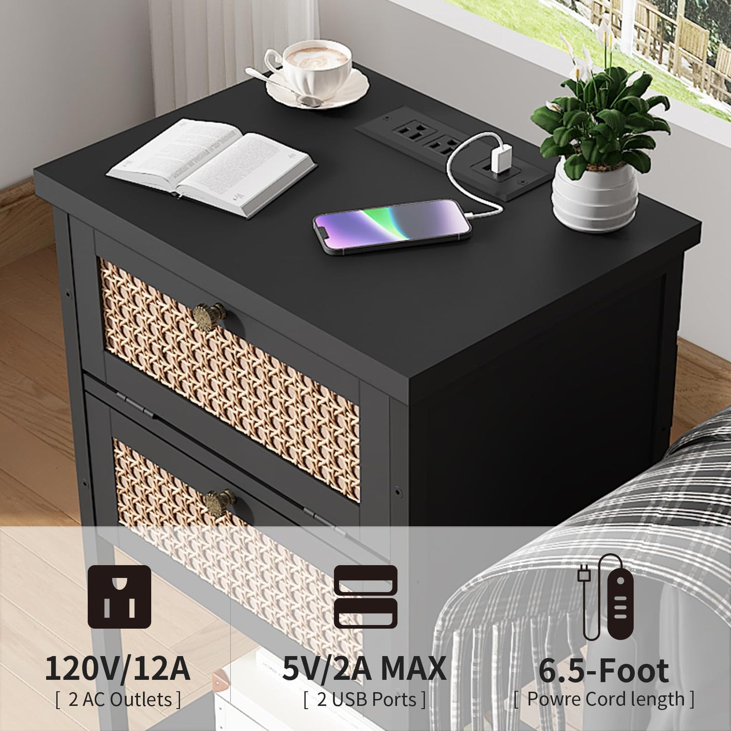 End Table with Charging Station, 2 Tier Rattan Decorated Nightstand with USB Ports and Outlets, Bedside Table with Drawer, Black Modern Sofa Side Table for Bedroom, Living Room, Office