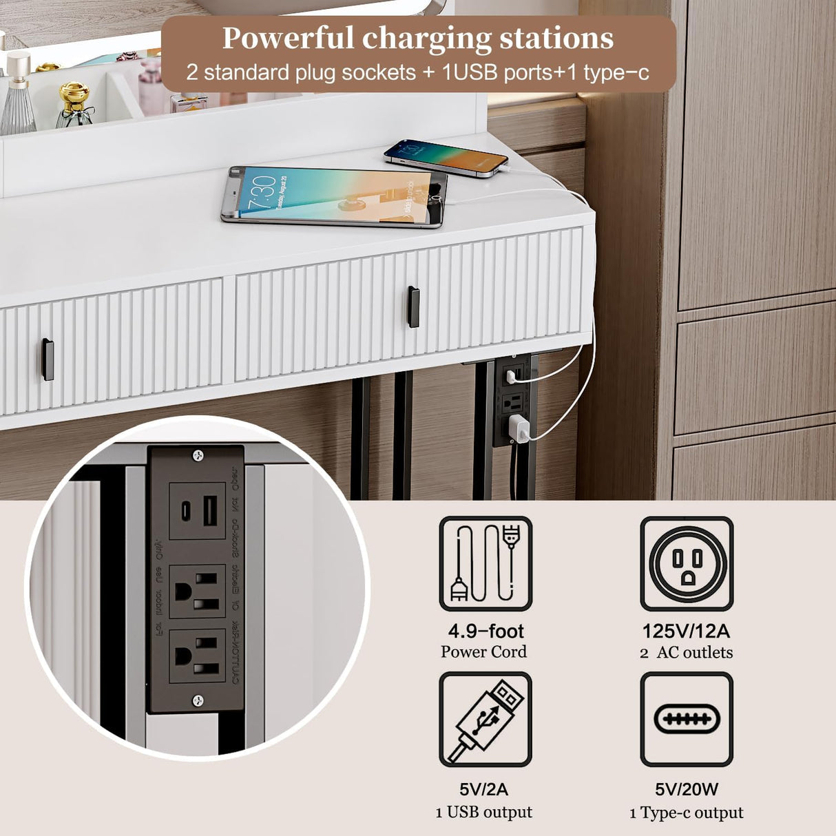 Large Vanity Desk with 3 Color Touch Screen Dimming Mirror, Vanity Desk with Charging Station, Modern Retractable Makeup Dressing Table, Vanity Table With storage shelves and 5 Sliding Drawers, White YYJ