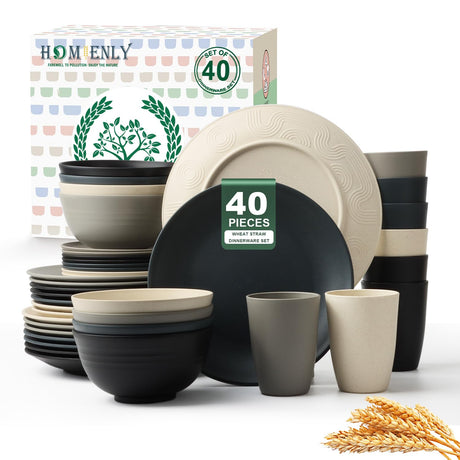 Homienly Kitchen Wheat Straw Dinnerware Set 40 PCS - Dinner Plates, Cereal Bowls, Wheat Straw Cups Set, Microwave and Dishwasher Safe Dishes Set, Unbreakable Dish Set for Party, Outdoor(Grey Stone) Homienly