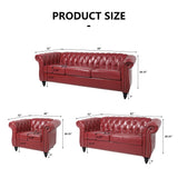 AVZEAR Chesterfield Leather Sofa 3 Seater Couch, Mid-Century Large Sofa Roll Arm Classic Tufted Settee Modern PU Sofa with Channel Tufted Seat Back for Living Room, Office, Apartment, Claret AVZEAR