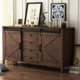 GlouMod Farmhouse 60" Dresser for Bedroom, Long Dresser with Sliding Barn Door, Wide Wood Chest of Drawers, 4 Drawers Dresser Tall TV Stand Buffet Cabinet, Redwood Rustic GlouMod