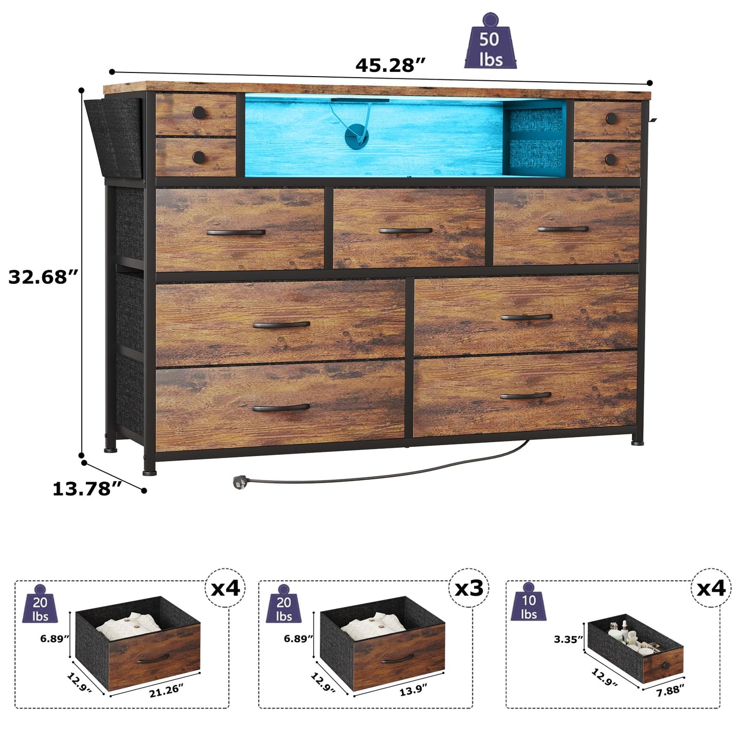 DRAWERHOM Dresser TV Stand with Power Outlets and LED Lights for 55'' TV, 11 Drawers Dresser with Side Pocket, Fabric Chest of Drawers with PU Finish, Sturdy Frame & Wood Top (Rustic Brown)