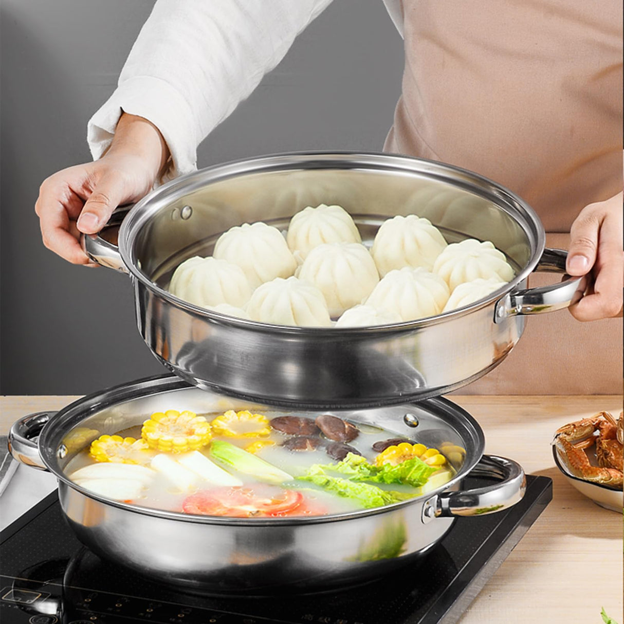 ZENFUN Steamer for Cooking, Steamer Pot with Steamer Insert, 2 Tier Stack and Steam Pot Set with Glass Lid, Stainless Steel Steamer Pot Double Handle, 11 Inch（Thickened） ZENFUN