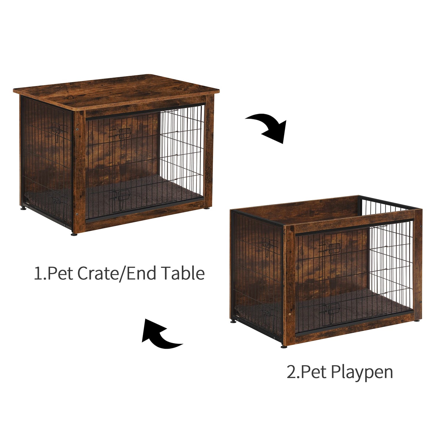 DWANTON Dog Crate Furniture with Cushion, Wooden Dog Crate Table, Double Doors Dog Furniture, Indoor Dog Kennel, Dog House, Dog Cage Large, 38.5" L, Rustic Brown - WoodArtSupply