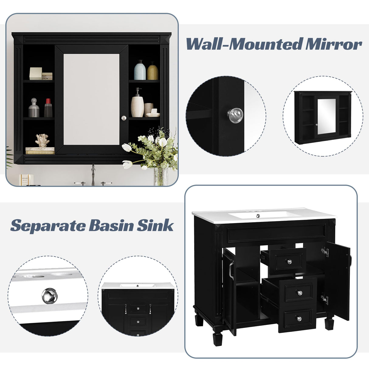 Marzzi 36" Bathroom Vanity with Sink & Matching Medicine Cabinet, 36 inch Bathroom Vanity Storage Cabinet with Sink Top, 2 Drawers, and Mirror Cabinet Marzzi