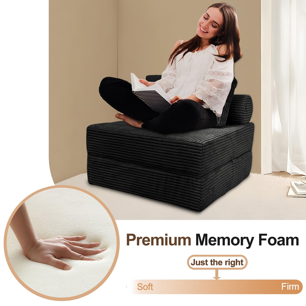 Nigoone Sofa Bed Futon, Versatile Foldable Sleeper Chair with Pillow, Supportive Memory Foam, Plush Corduroy Fabric, Cozy Floor Couch, Convertible Mattress for Bedroom/Living Room/Guest/Office, Black Nigoone
