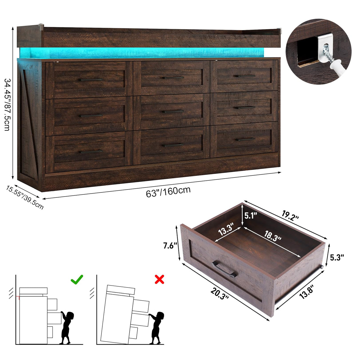 Hlivelood Large Farmhouse 9 Drawers Dresser for Bedroom with LED Light and Power Outlets,63" Wide Wood Rustic 9 Chests of Drawers for Closet,Tall Storage Dresser Organizer for Bedroom(Antique Brown) Hlivelood