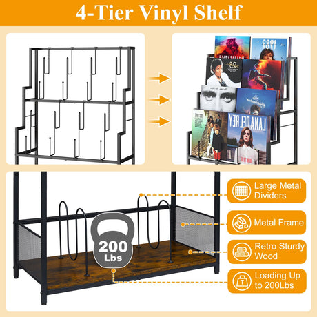 5-Tier Vinyl Record Storage Stand Holder with Record Display Shelf, Large Capacity Vinyl Organizer,250-320 Albums Storage Metal Record Rack for LP, CD, DVD, Magazine, Books Cottage Charm