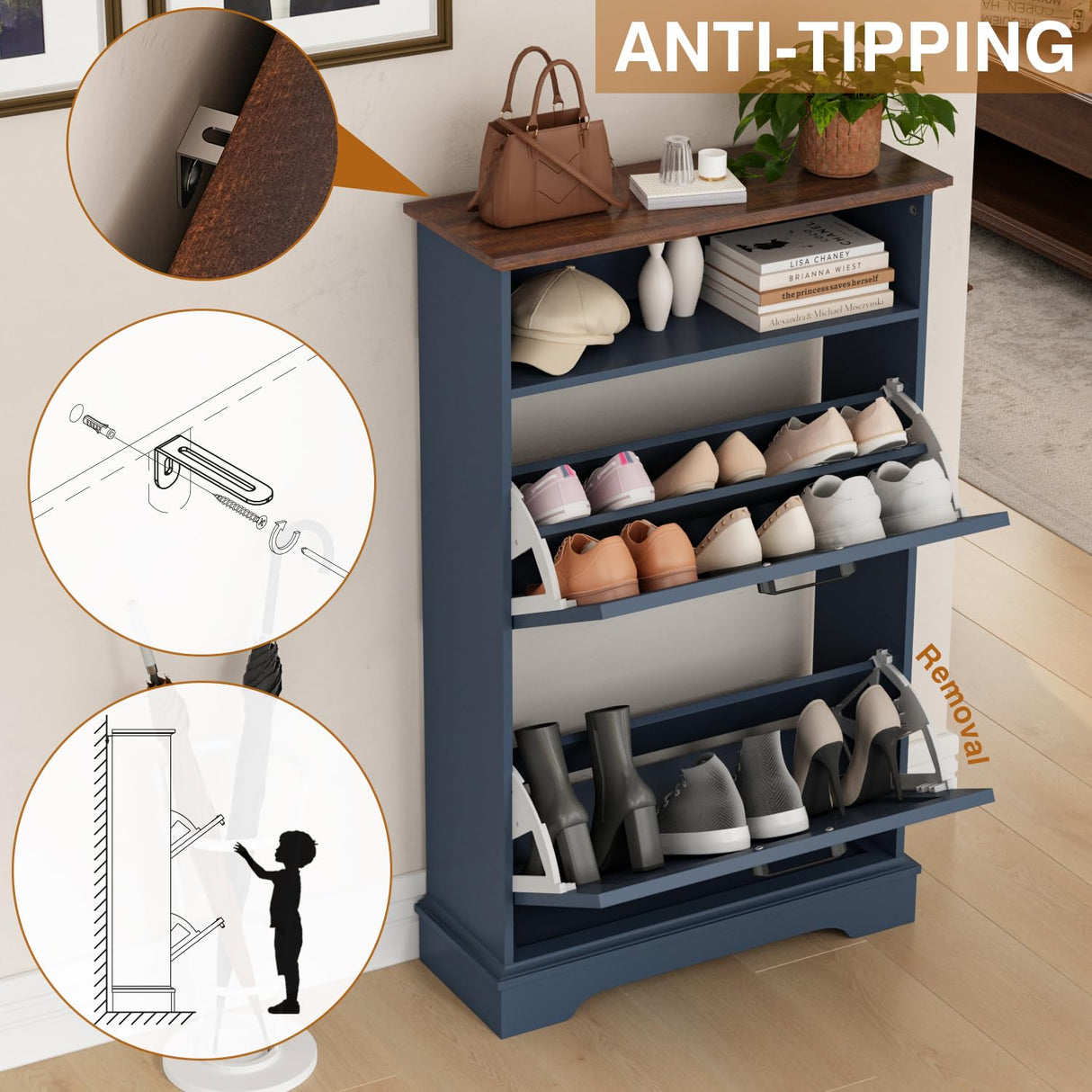 Shoe Storage Cabinet with 2 Flip Drawers, 24" W Farmhouse Modern Hidden Shoes Rack Cabinet with Adjustable Shelves & Open Storage, Narrow Slim Shoe Organizer for Front Door Entrance, Entryway, Blue WINWY