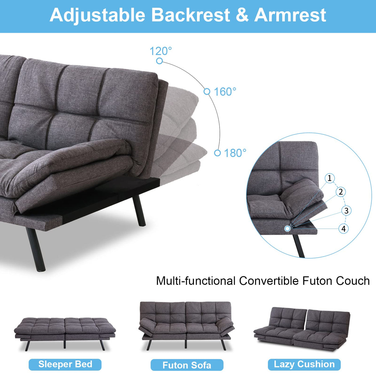 Opoiar Futon Sofa Bed,Modern Convertible Sleeper Sofa,Memory Foam Futon Sofa,71"x 33"x32"Compact Sofa,Loveseat Futon Bed,Breathable Linen Adjustable Sleeper Lounge Couch with Metal Legs,Dark Grey Opoiar