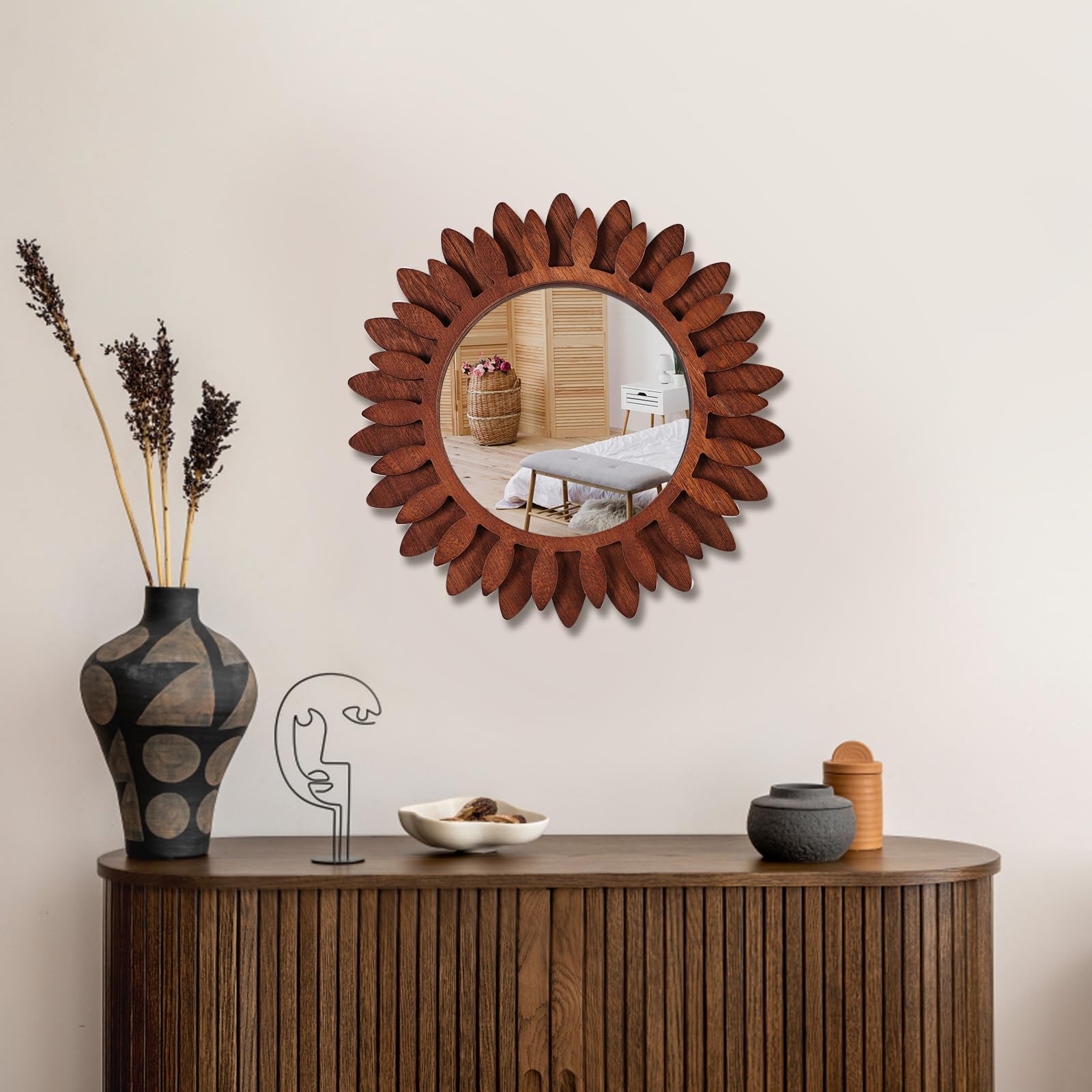 ABSWHLM Wall Mirror 12" Wood Farmhouse Sunburst Hanging Mirror Wall Decor for Bedroom Living Room Entryway (Black Walnut) - WoodArtSupply