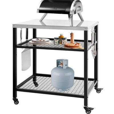 WEASHUME Stainless Steel Grill Cart Pizza Oven Stand Trolley Table with Wheels Three-Shelf Movable Food Prep and Work Cart Table Heavy Duty Grill Cart Outdoor Cart 31.5"×24"×35.5"