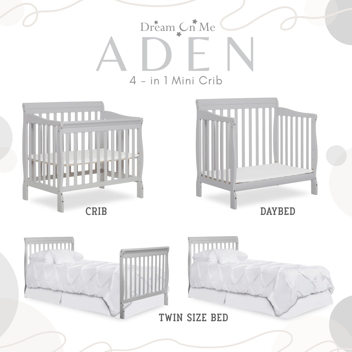 Dream On Me Aden 4-in-1 Convertible Mini Crib In Grey, Greenguard Gold Certified, Non-Toxic Finish, New Zealand Pinewood, With 3 Mattress Height Settings