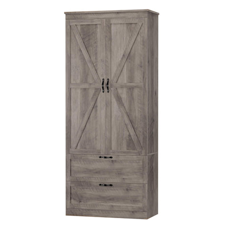 HOSTACK 70" Tall Kitchen Pantry Storage Cabinet, Barn Doors Pantry Cabinet with Drawers and Adjustable Shelf, Modern Farmhouse Storage Cabinet for Kitchen, Dining Room, Living Room, Bathroom, Ash Grey HOSTACK