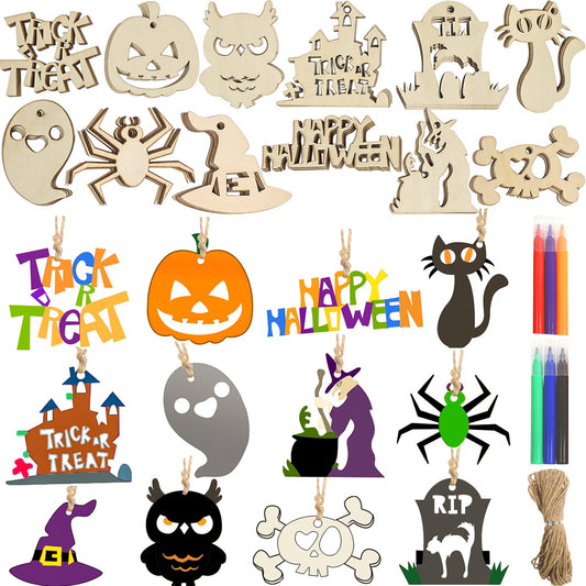 DERAYEE 60Pcs Halloween Wooden Slices Cutouts, Halloween DIY Crafts Decorations Blank Hanging Gift Tags Ornaments for Kids Party Favor Supplies