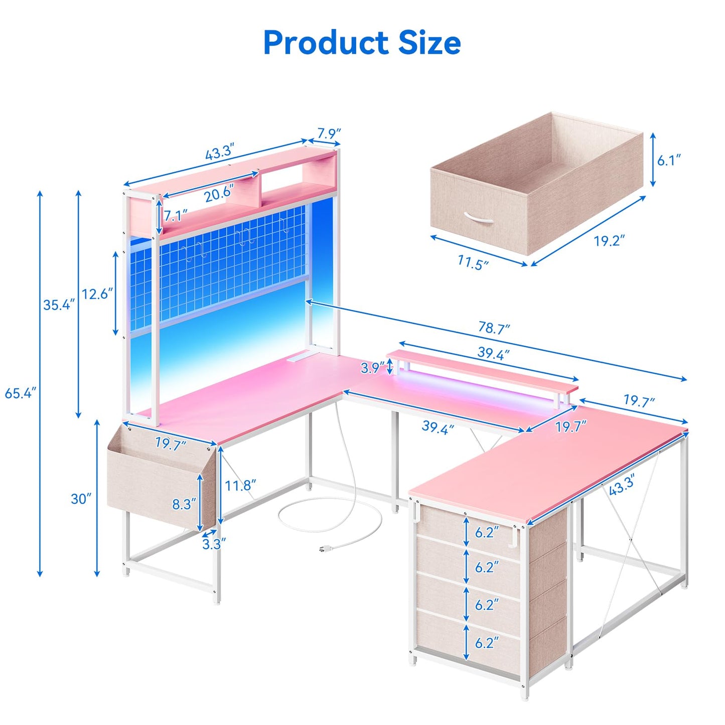 78.7" U Shaped Computer Desk, Reversible Desk with Led Lights, Ergonomic Monitor Stand, Power Outlets, Game Table for Bedroom, Large Home Office Desk with Storage Shelves, 4 Drawer - Pink