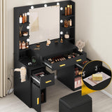 DWVO Makeup Vanity Desk with Hollywood-Style Mirror, Adjustable LED Lighting, Vanity Table Set with Stool and Power Outlet, Storage Drawers, Shelves and Cabinet, Dressing Room, Carbon Black DWVO