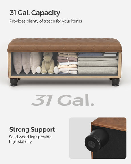 SONGMICS Storage Ottoman, Storage Bench, Tufted Entryway Bedroom Bench, 17.7 x 46.5 x 17.7 Inches, Hinges Easy Lid Operation, Wooden Legs, Synthetic Leather, Loads 330 lb, Coffee Brown ULOM071K01 SONGMICS