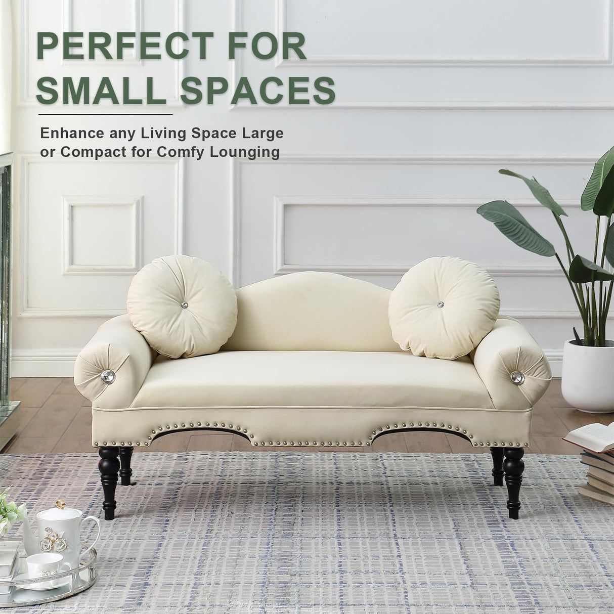 Vanress 54'' Loveseat Sofa,Small Couch for Living Room,Mid Century Modern Velvet Love Seats Sofa Settee with 2 Pillows and Solid Wood Legs,Upholstered 2-Seater Couch for Small Space,Bedroom,Beige Vanress