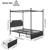 Keyluv Queen Upholstered Canopy Bed Frame with 2 Drawer and Button Tufted Headboard Metal Platform Bed with 4 Removable Posts Two-Purpose Velvet Bed No Box Spring Needed Dark Grey/Curtain Not Included Keyluv