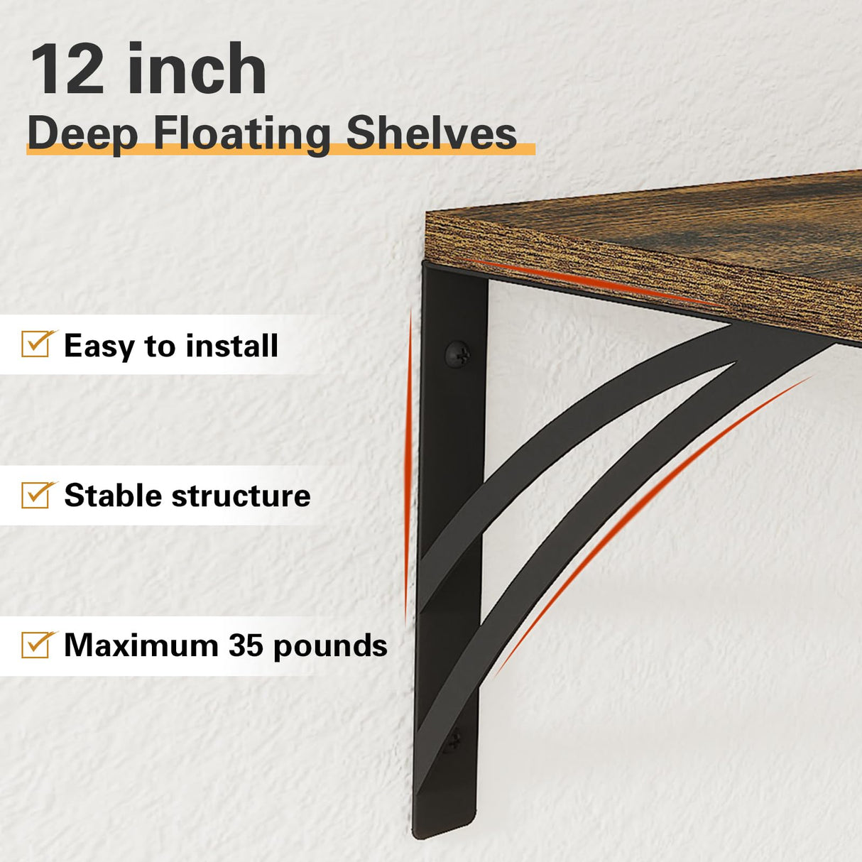 MXCSE Deep Floating Shelves for Wall, 12 Inch Deep Wall Shelves, Floating Shelves for Wall Storage Decor, Wide Floating Bookshelf for Living Room, Kitchen, Office, Bedroom (Brown, 16Wx12D) MXCSE