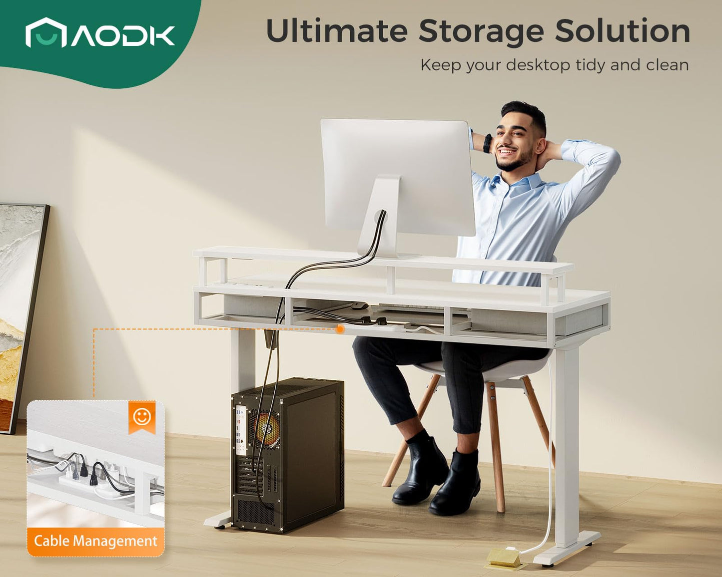 AODK White Standing Desk with 2 Drawers & Keyboard Tray and USB & LED Lights, Height Adjustable Desk 47 Inch with Power Outlets & LED Lights, Stand Up Desk with Monitor Shelf - WoodArtSupply