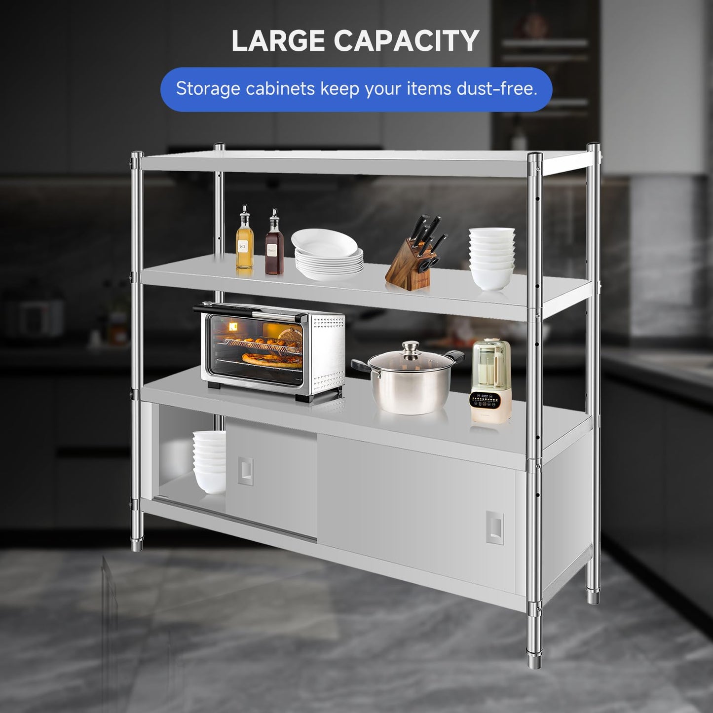 Garvee Stainless Steel Shelves,48x18x60 in Storage Shelf 4-Tier Heavy Duty Adjustable Shelf Unit with Cabinet for Kitchen Garage Office Restaurant Warehouse,330lb Per Shelf