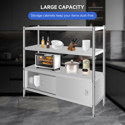 Garvee Stainless Steel Shelves,48x18x60 in Storage Shelf 4-Tier Heavy Duty Adjustable Shelf Unit with Cabinet for Kitchen Garage Office Restaurant Warehouse,330lb Per Shelf