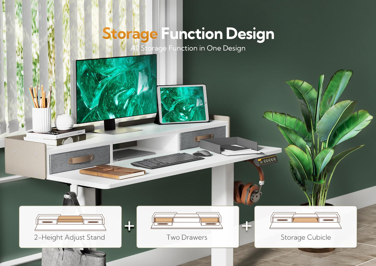 Claiks Standing Desk with Drawers, Stand Up Electric Standing Desk Adjustable Height, Sit Stand Desk with Storage Shelf and Splice Board, 48 Inch, White Claiks