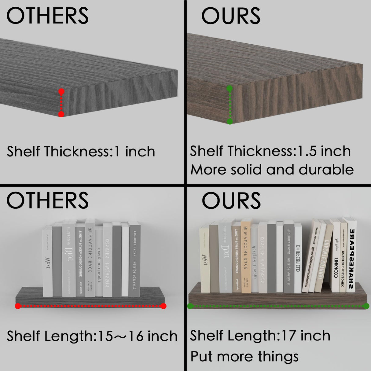 PopiShelves Floating Shelves for Wall- 17 Inch Natural Wood Shelves for Bathroom, Bedroom, Kitchen Decor, Farmhouse Decor Set of 2, Rustic Brown PopiShelves