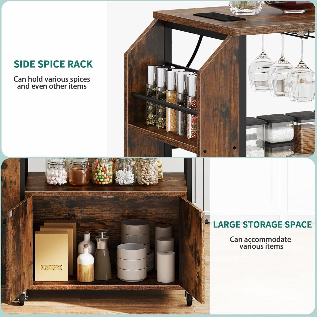 YITAHOME Mobile Kitchen Island Cart with Power Outlet, 33 Inch Rolling Kitchen Cart with Storage, Small Serving Utility Carts on Wheels with Open Shelves for Kitchen, Dining Room, Rustic Brown YITAHOME